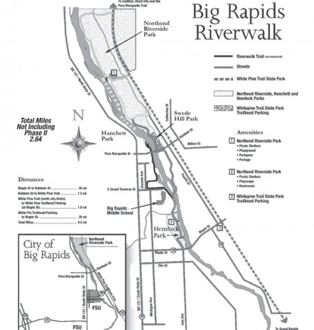 Riverwalk: The Big Rapids Riverwalk is a trail that is used for walking, running and biking. The trail winds through and along the river giving summer explorers a peaceful and fun filled adventure. Map Courtesy of Big Rapids Riverwalk and Torch file graphic